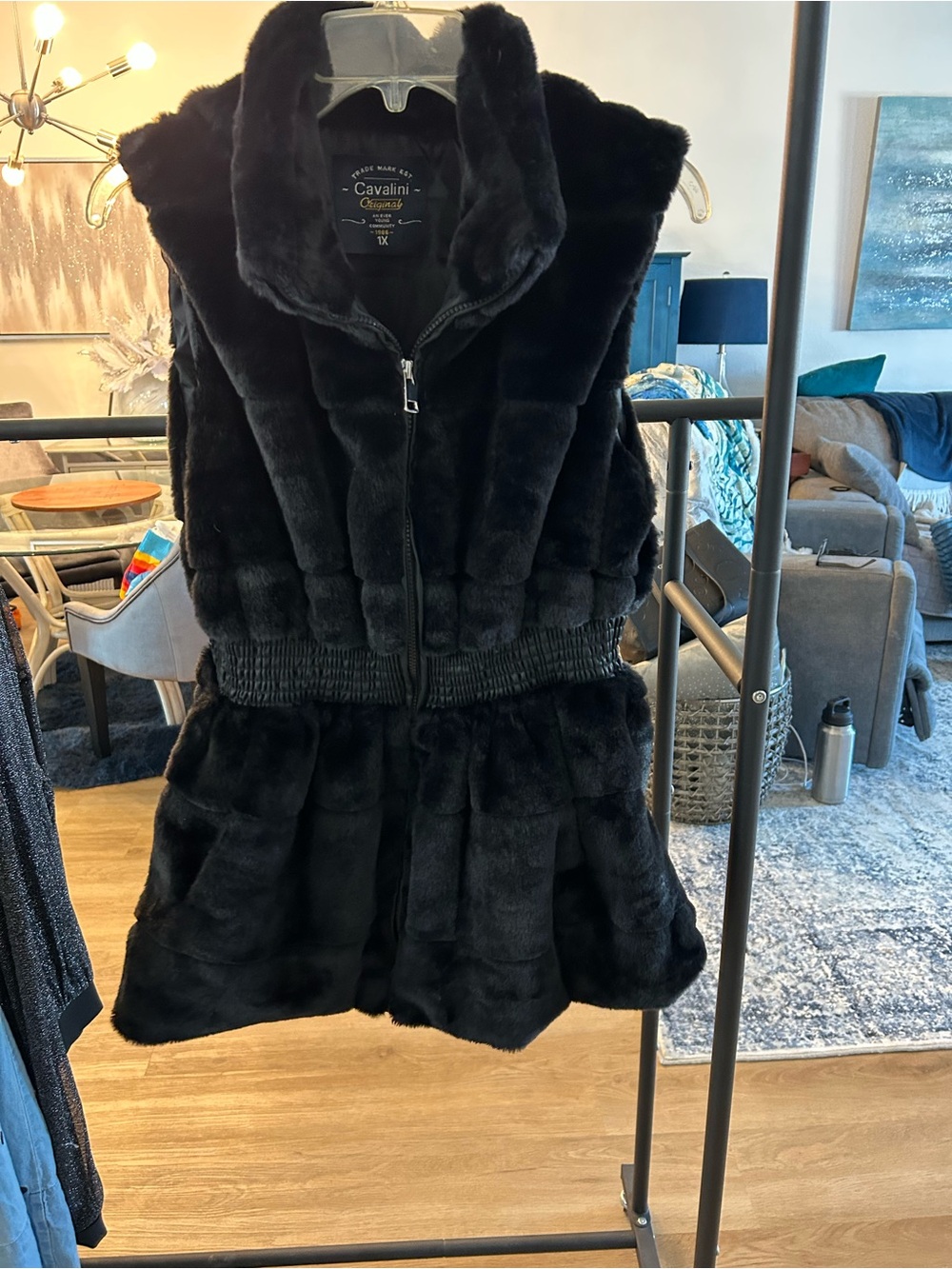 Cavalini woman’s Black Faux Fur Hooded Vest - Cozy Zip Front